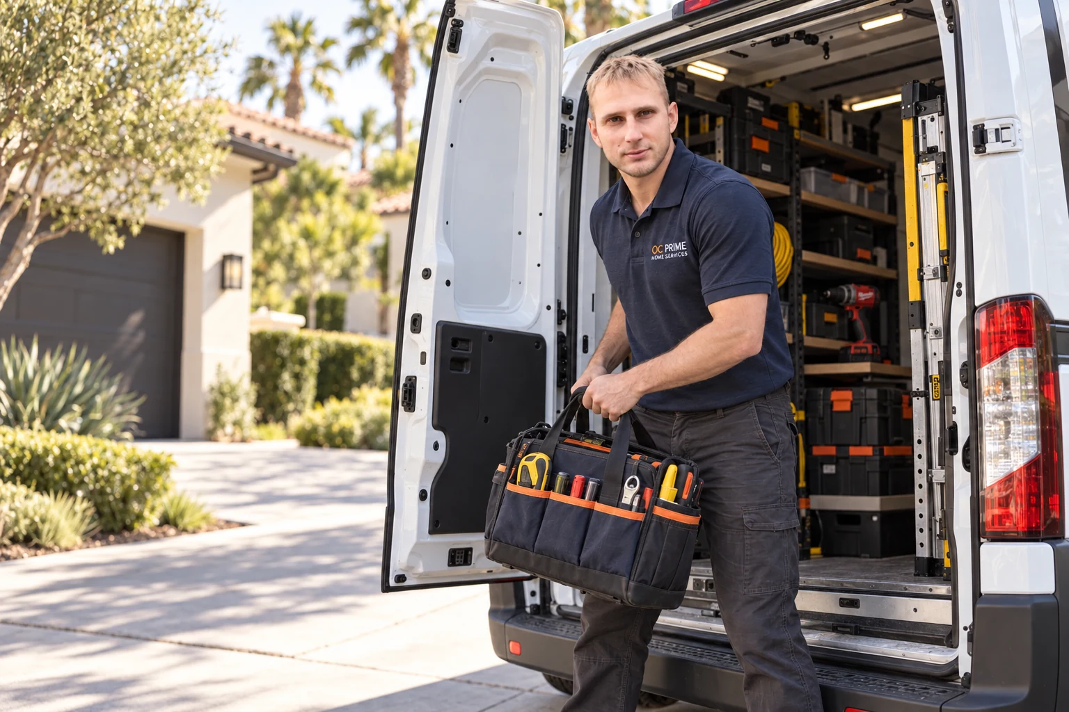 Illustrative scene of the owner preparing his tool bag beside the service van