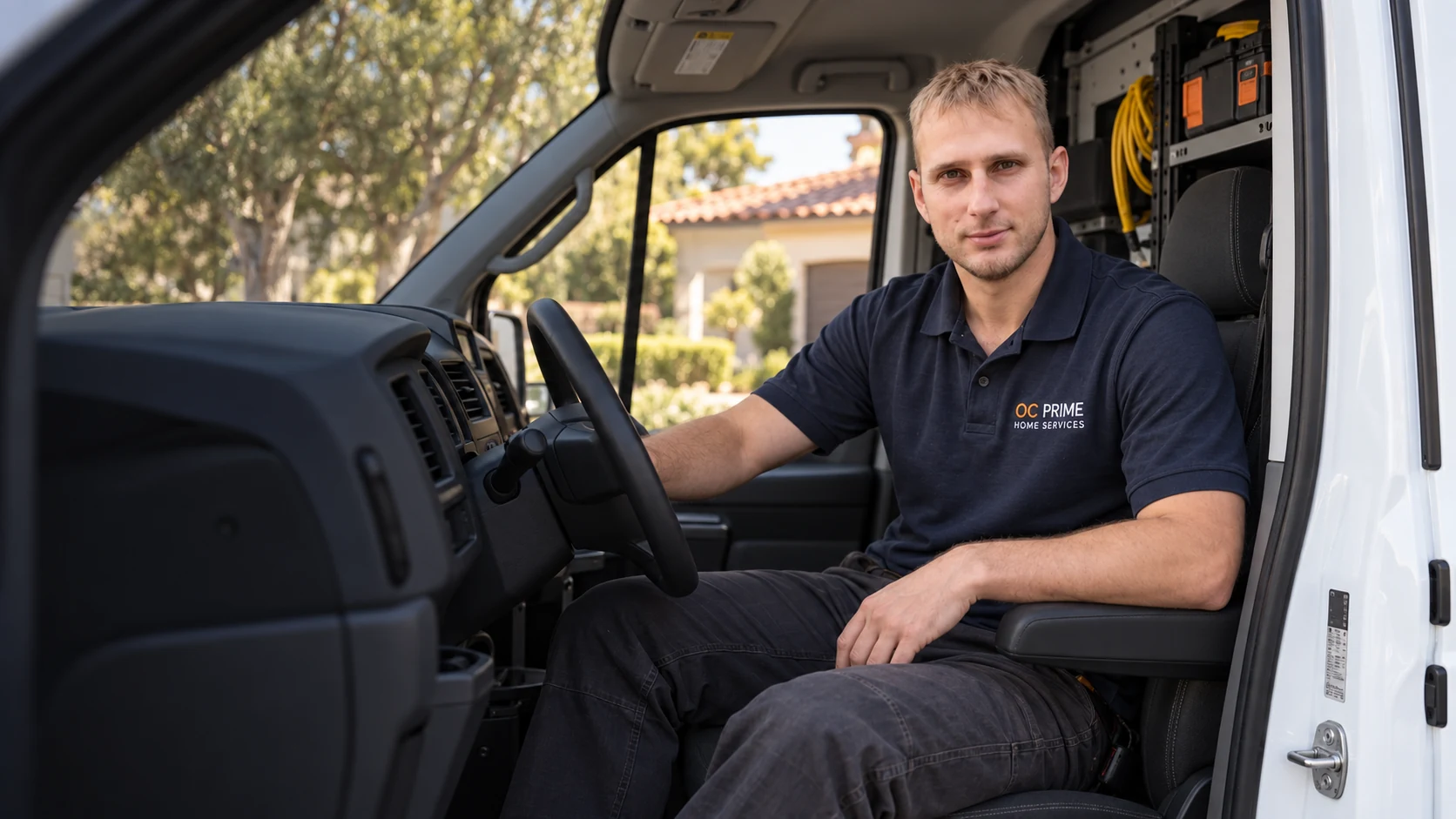 Illustrative portrait of the OC Prime owner sitting in his parked service van