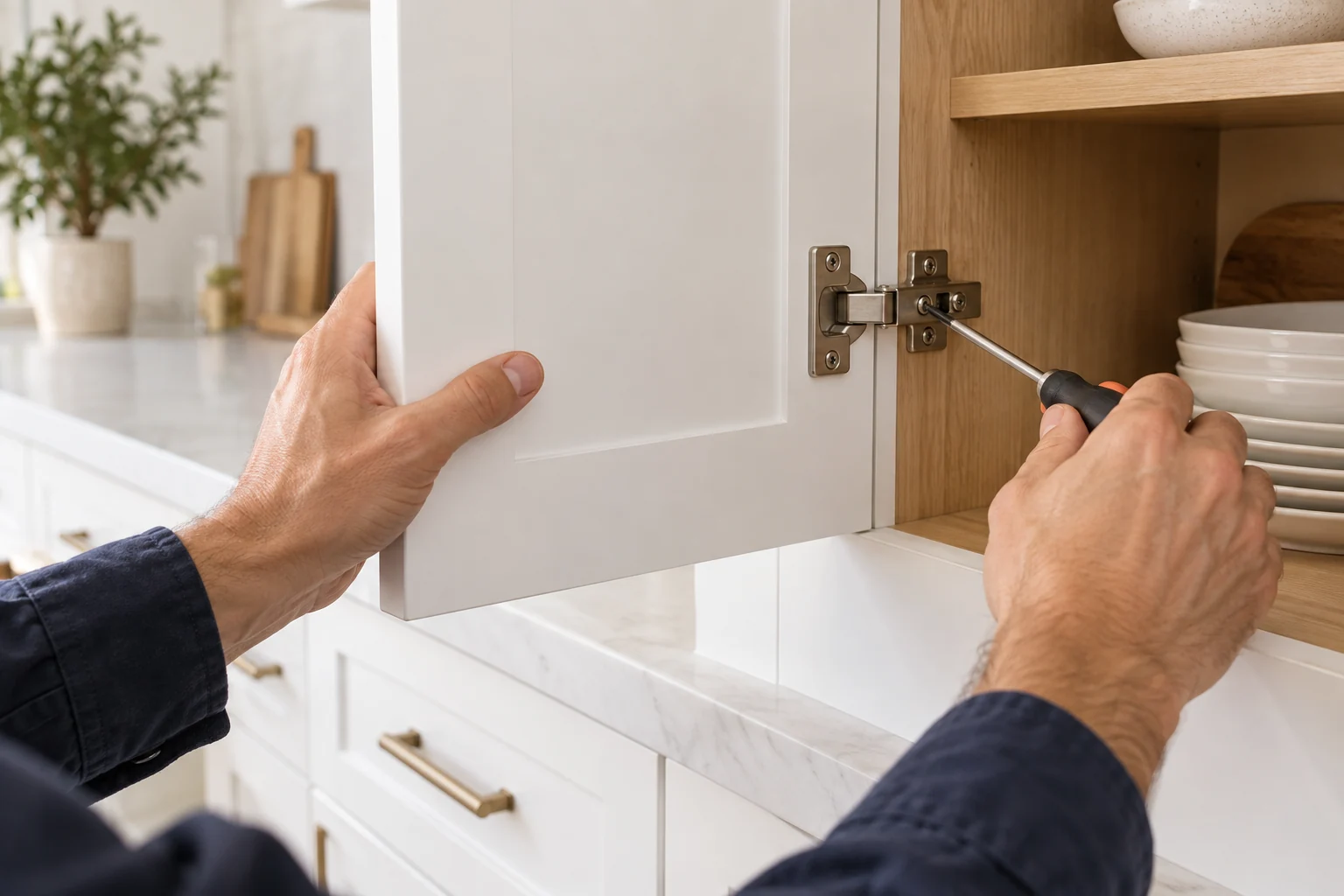 Illustrative close-up of a handyman adjusting a cabinet door hinge