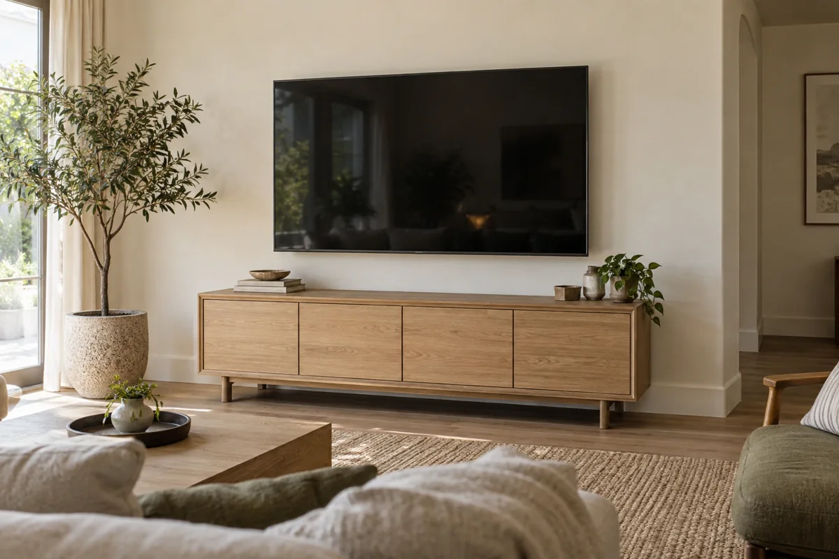 Illustrative living room with a wall-mounted television above an oak console