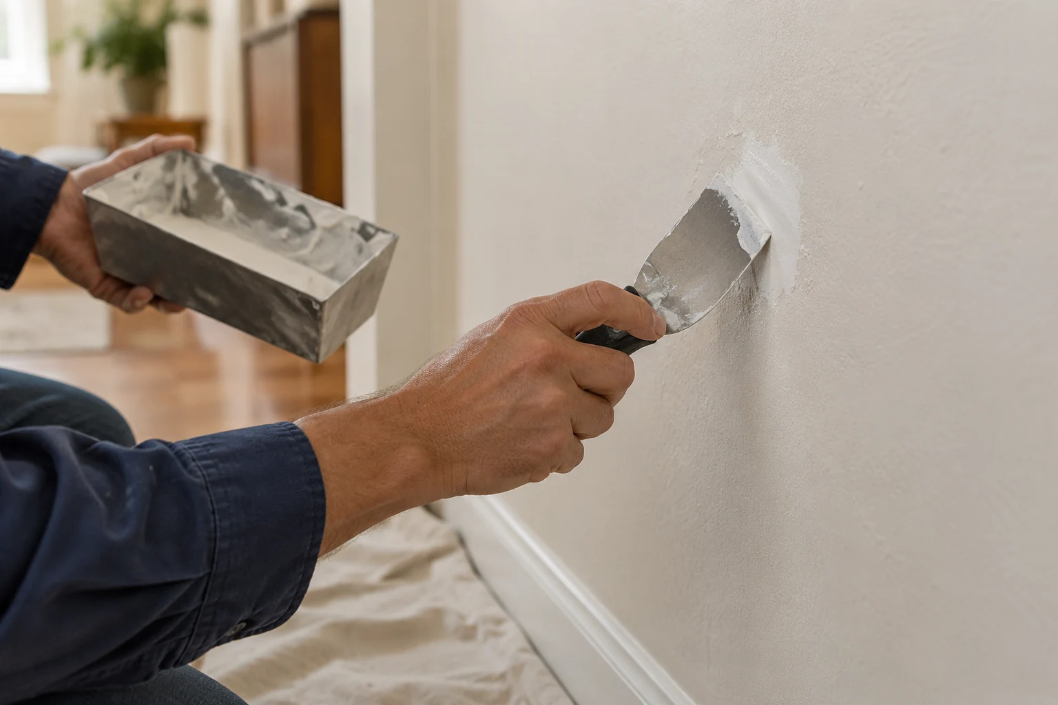 Illustrative close-up of a handyman smoothing a small drywall patch