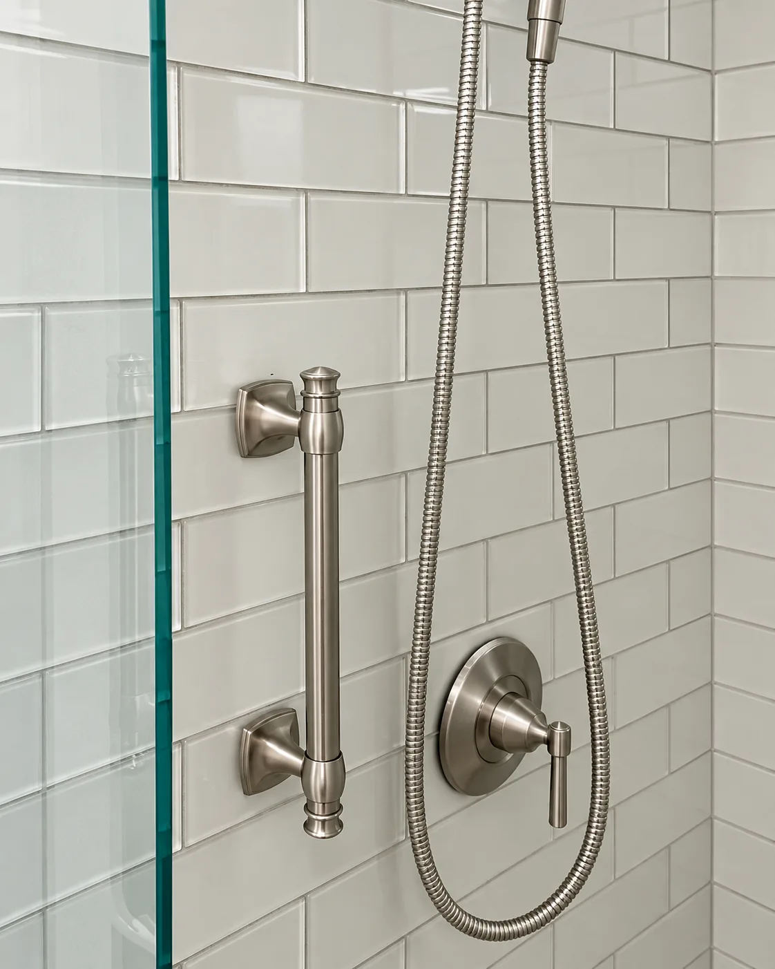 Real OC Prime project: a brushed-nickel grab bar installed on subway tile in a shower